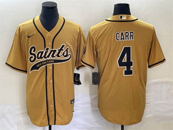 Men's New Orleans Saints #4 Derek Carr Gold With Patch Cool Base Stitched Baseball Jersey