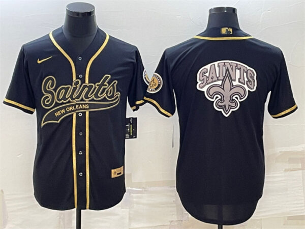 Men's New Orleans Saints Black Gold Team Big Logo With Patch Cool Base Stitched Baseball Jersey