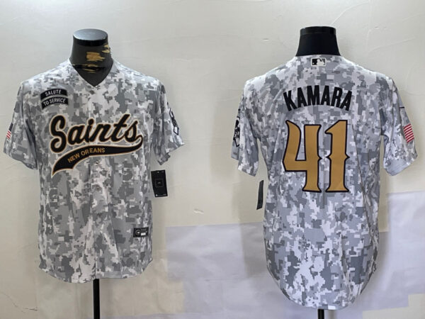 Men's New Orleans Saints Team #41 Alvin Kamara 2024 Arctic Camo Salute To Service Stitched Baseball Jersey