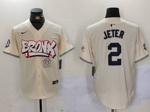 Men's New York Yankees #2 Derek Jeter Cream The Bronx Graffiti V2 Vapor Limited Stitched Baseball Jerseys