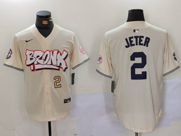 Men's New York Yankees #2 Derek Jeter Cream The Bronx Graffiti V2 Vapor Limited Stitched Baseball Jerseys