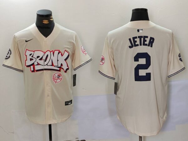 Men's New York Yankees #2 Derek Jeter Cream The Bronx Graffiti V2 Vapor Limited Stitched Baseball Jerseys