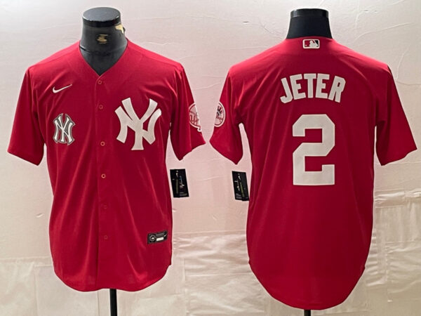 Men's New York Yankees #2 Derek Jeter Red Cool Base Stitched Baseball Jersey