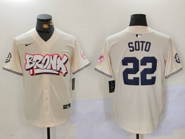 Men's New York Yankees #22 Juan Soto Cream The Bronx Graffiti V2 Vapor Limited Stitched Baseball Jerseys