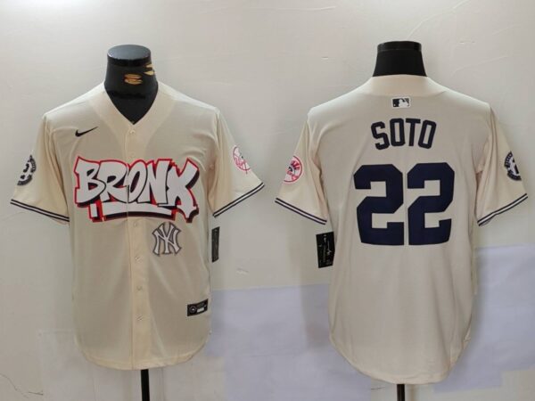 Men's New York Yankees #22 Juan Soto Cream The Bronx Graffiti V2 Vapor Limited Stitched Baseball Jerseys