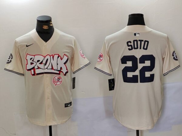 Men's New York Yankees #22 Juan Soto Cream The Bronx Graffiti V2 Vapor Limited Stitched Baseball Jersey