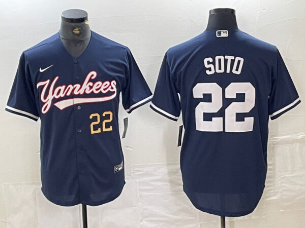 Men's New York Yankees #22 Juan Soto Navy With Patch Cool Base Stitched Baseball Jersey