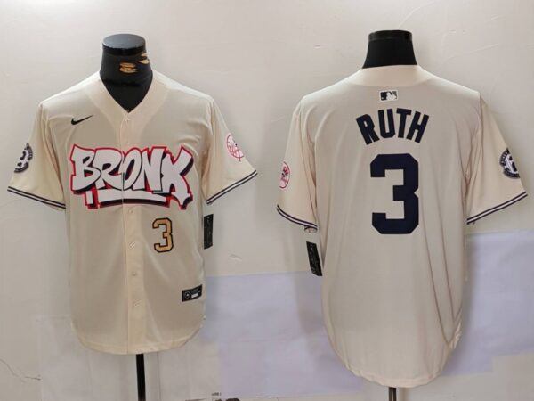 Men's New York Yankees #3 Babe Ruth Cream The Bronx Graffiti V2 Vapor Limited Stitched Baseball Jerseys