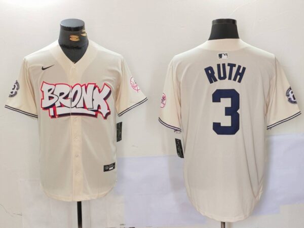 Men's New York Yankees #3 Babe Ruth Cream The Bronx Graffiti V2 Vapor Limited Stitched Baseball Jerseys