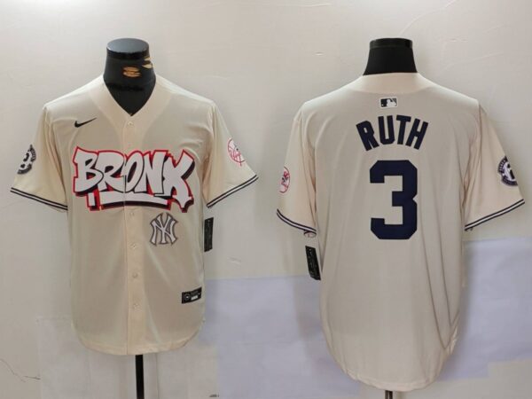 Men's New York Yankees #3 Babe Ruth Cream The Bronx Graffiti V2 Vapor Limited Stitched Baseball Jerseys