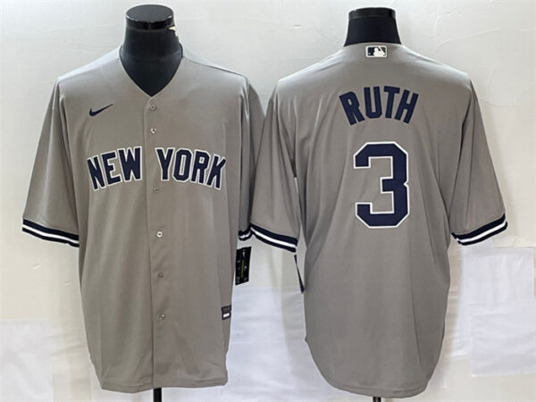 Men's New York Yankees #3 Babe Ruth Gray Cool Base Stitched Baseball Jersey