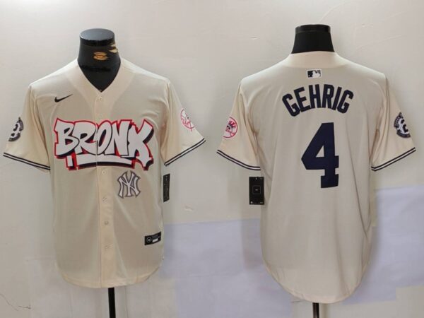 Men's New York Yankees #4 Lou Gehrig The Bronx Graffiti V2 Vapor Limited Stitched Baseball Jerseys