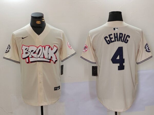 Men's New York Yankees #4 Lou Gehrig The Bronx Graffiti V2 Vapor Limited Stitched Baseball Jerseys