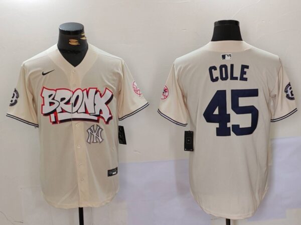 Men's New York Yankees #45 Gerrit ColeCream The Bronx Graffiti V2 Vapor Limited Stitched Baseball Jerseys