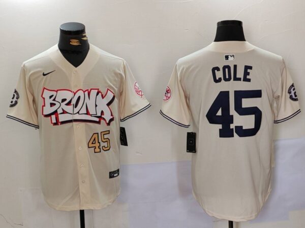 Men's New York Yankees #45 Gerrit ColeCream The Bronx Graffiti V2 Vapor Limited Stitched Baseball Jerseys