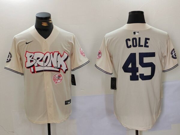 Men's New York Yankees #45 Gerrit ColeCream The Bronx Graffiti V2 Vapor Limited Stitched Baseball Jersey