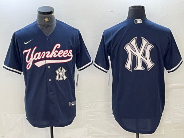 Men's New York Yankees Big LOGO Navy Cool Base Stitched Baseball Jersey