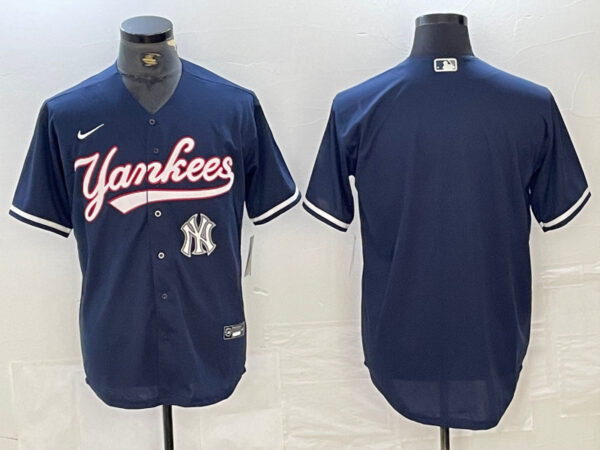 Men's New York Yankees Big LOGO Navy Cool Base Stitched Baseball Jersey