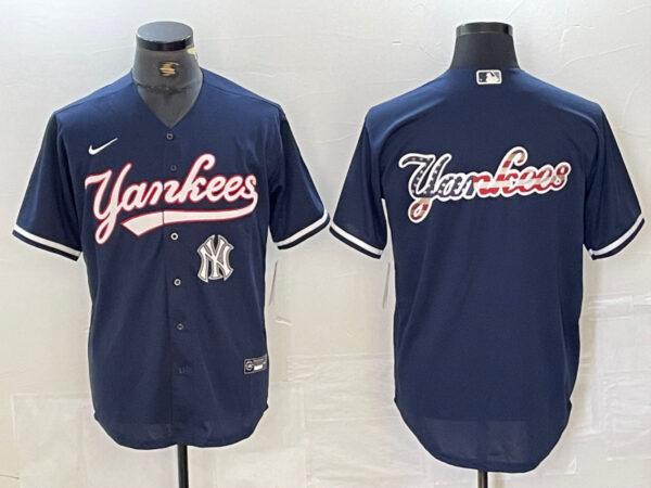 Men's New York Yankees Big LOGO Navy Cool Base Stitched Baseball Jersey