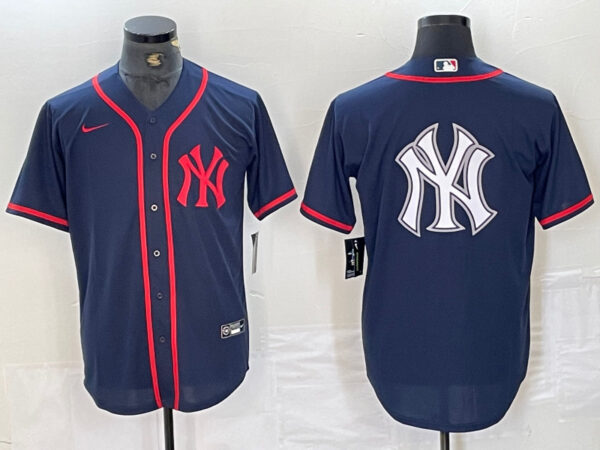 Men's New York Yankees Big LOGO Navy Cool Base Stitched Baseball Jersey