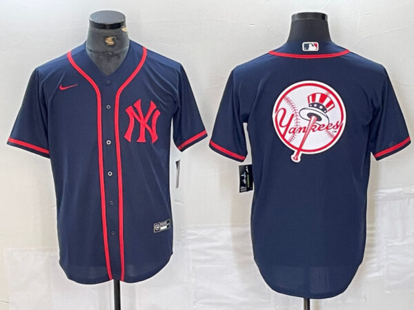 Men's New York Yankees Big LOGO Navy Cool Base Stitched Baseball Jersey