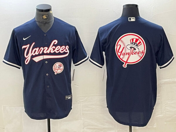 Men's New York Yankees Big LOGO Navy Cool Base Stitched Baseball Jersey