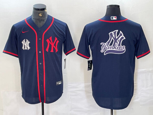 Men's New York Yankees Big LOGO Navy Cool Base Stitched Baseball Jersey