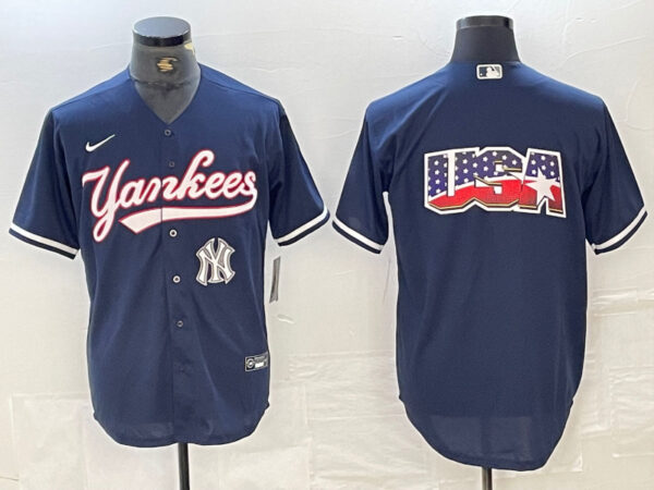 Men's New York Yankees Big LOGO Navy Cool Base Stitched Baseball Jersey