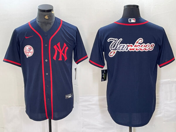 Men's New York Yankees Big LOGO Navy Cool Base Stitched Baseball Jersey