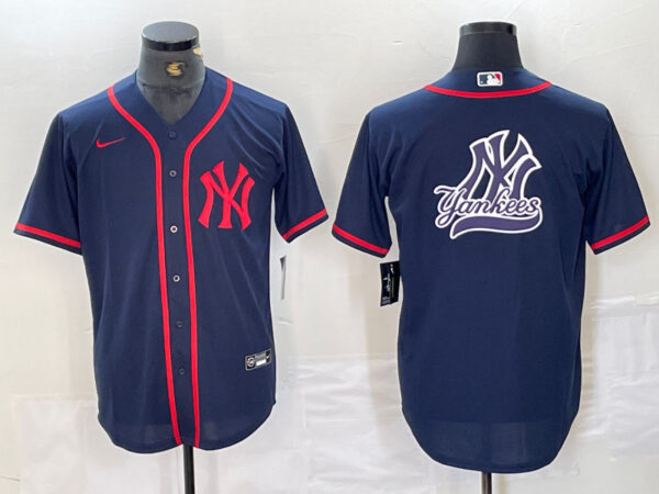 Men's New York Yankees Big LOGO Navy Cool Base Stitched Baseball Jersey