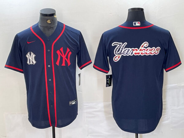 Men's New York Yankees Big LOGO Navy Cool Base Stitched Baseball Jersey