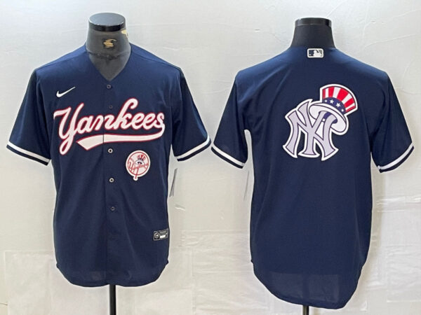 Men's New York Yankees Big LOGO Navy Cool Base Stitched Baseball Jersey