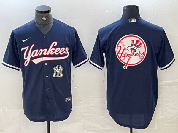 Men's New York Yankees Big LOGO Navy Cool Base Stitched Baseball Jersey