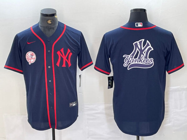 Men's New York Yankees Big LOGO Navy Cool Base Stitched Baseball Jersey