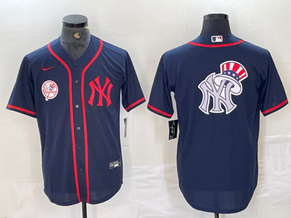 Men's New York Yankees Big LOGO Navy Cool Base Stitched Baseball Jersey