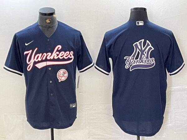 Men's New York Yankees Big LOGO Navy Cool Base Stitched Baseball Jersey