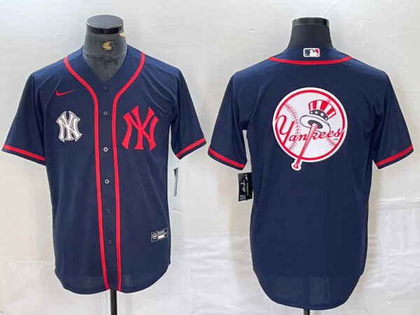 Men's New York Yankees Big LOGO Navy Cool Base Stitched Baseball Jersey