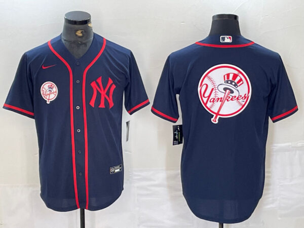 Men's New York Yankees Big LOGO Navy Cool Base Stitched Baseball Jersey