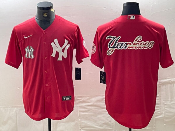 Men's New York Yankees Big Logo Red Cool Base Stitched Baseball Jersey