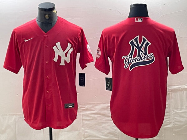 Men's New York Yankees Big Logo Red Cool Base Stitched Baseball Jersey