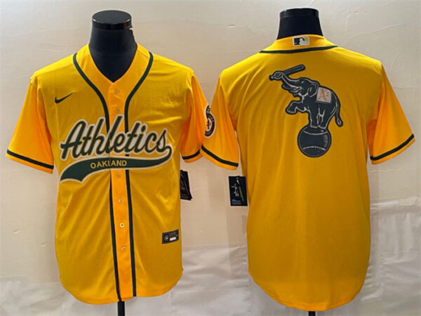 Men's Oakland Athletics Yellow Team Big Logo Cool Base Stitched Baseball Jersey 003