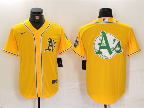 Men's Oakland Athletics Yellow Team Big Logo Cool Base Stitched Baseball Jerseys