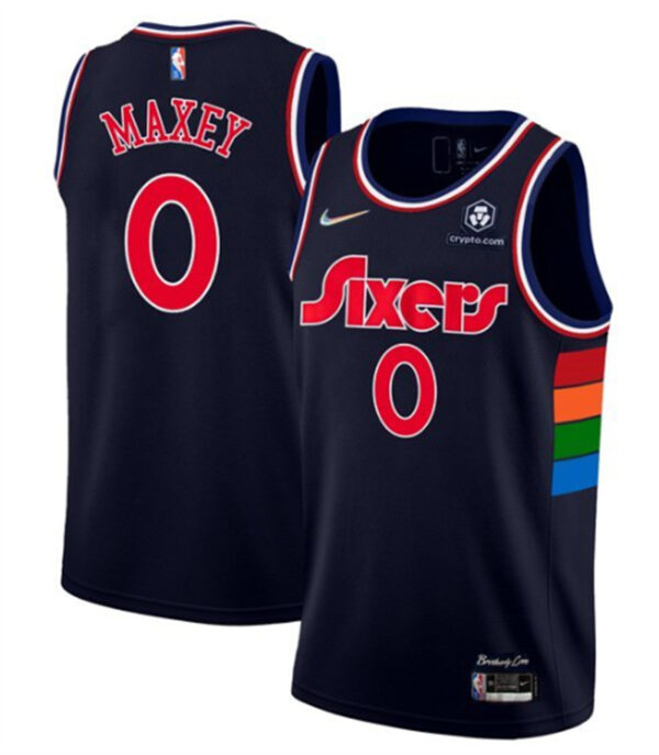 Men's Philadelphia 76ers #0 Tyrese Maxey Navy Icon Edition 75th Anniversary Stitched Swingman Jersey