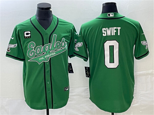 Men's Philadelphia Eagles #0 D'Andre Swift Green With C Patch Cool Base Stitched Baseball Jersey