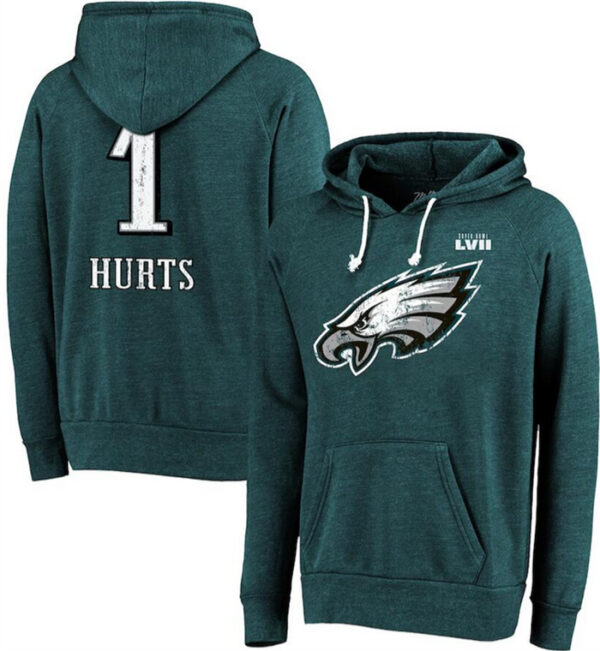 Men's Philadelphia Eagles #1 Jalen Hurts Midnight Green Super Bowl LVII Name & Number Pullover Hoodie