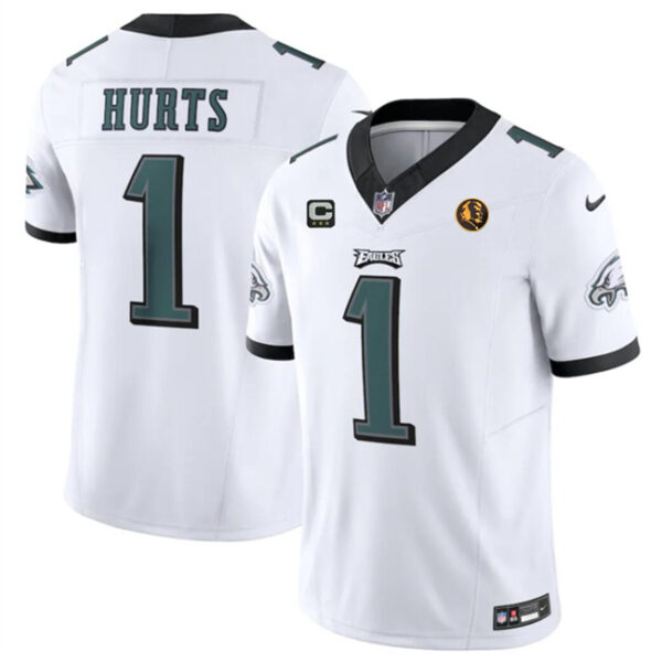 Men's Philadelphia Eagles #1 Jalen Hurts White 2023 F.U.S.E. With 3-Star C Patch And John Madden Patch Vapor Limited Stitched Football Jersey