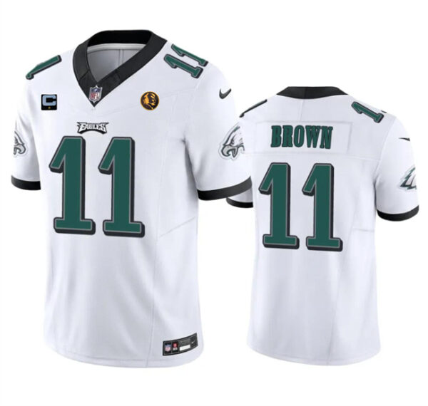 Men's Philadelphia Eagles #11 A. J. Brown White 2023 F.U.S.E. With 1-Star C Patch And John Madden Patch Vapor Limited Stitched Football Jersey