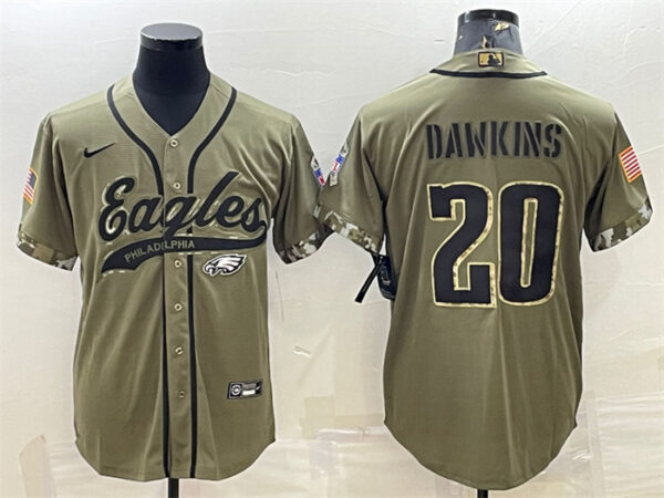 Men's Philadelphia Eagles #20 Brian Dawkins Olive 2022 Salute To Service Cool Base Stitched Baseball Jersey