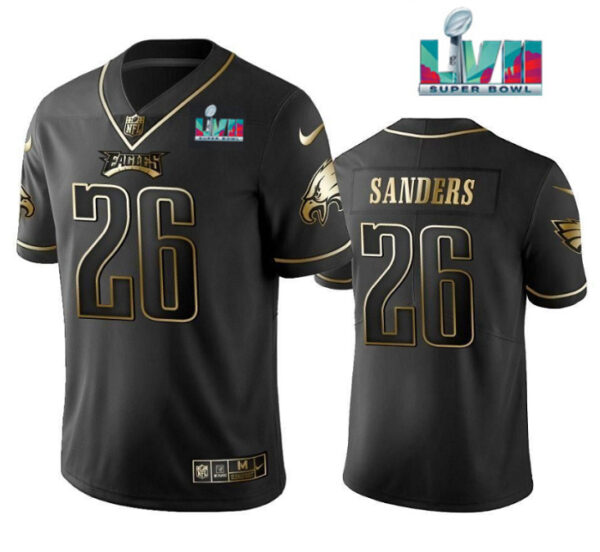 Men's Philadelphia Eagles #26 Miles Sanders Black Golden Super Bowl LVII Patch Edition Stitched Football Jersey