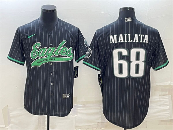 Men's Philadelphia Eagles #68 Jordan Mailata Black With Patch Cool Base Stitched Baseball Jerseys